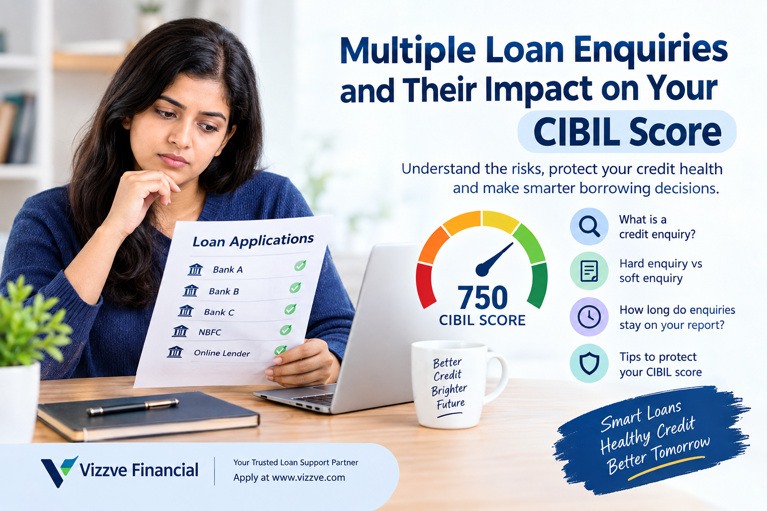 Multiple loan enquiries and their impact on CIBIL score, featuring a woman comparing loan applications, a credit score gauge, and tips for maintaining a healthy credit profile.